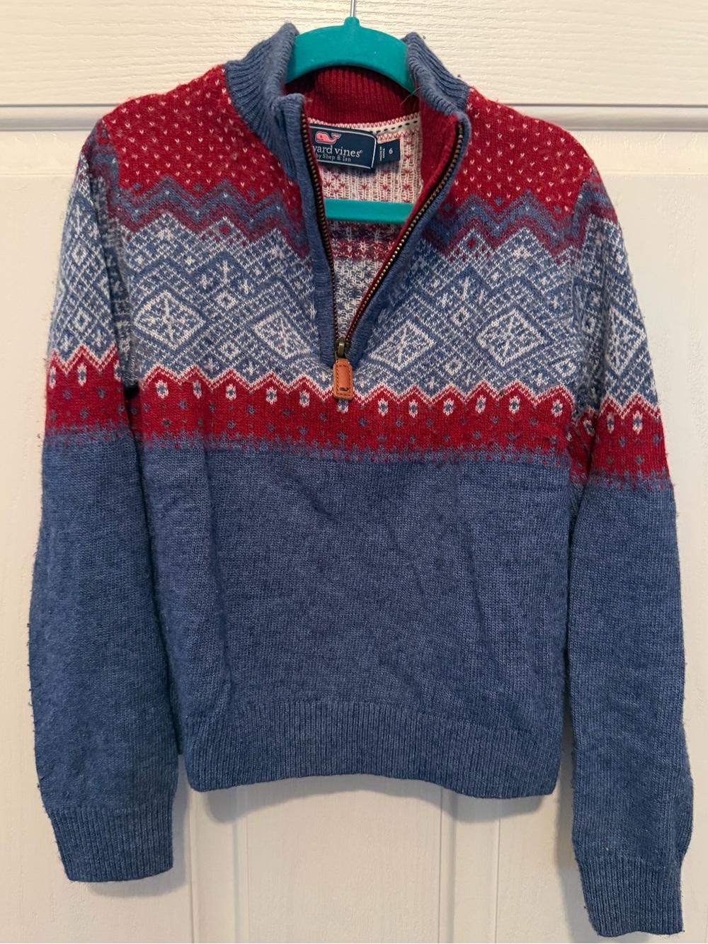 Vineyard Vines Blue & Red Fair Isle Half-Zip Sweater, Boys 6